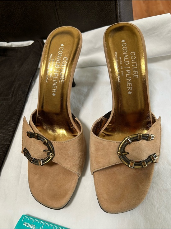 Donald J. Pliner Shoes - Donald J. Pliner Tan Suede Slide Heels with Gold Insoles